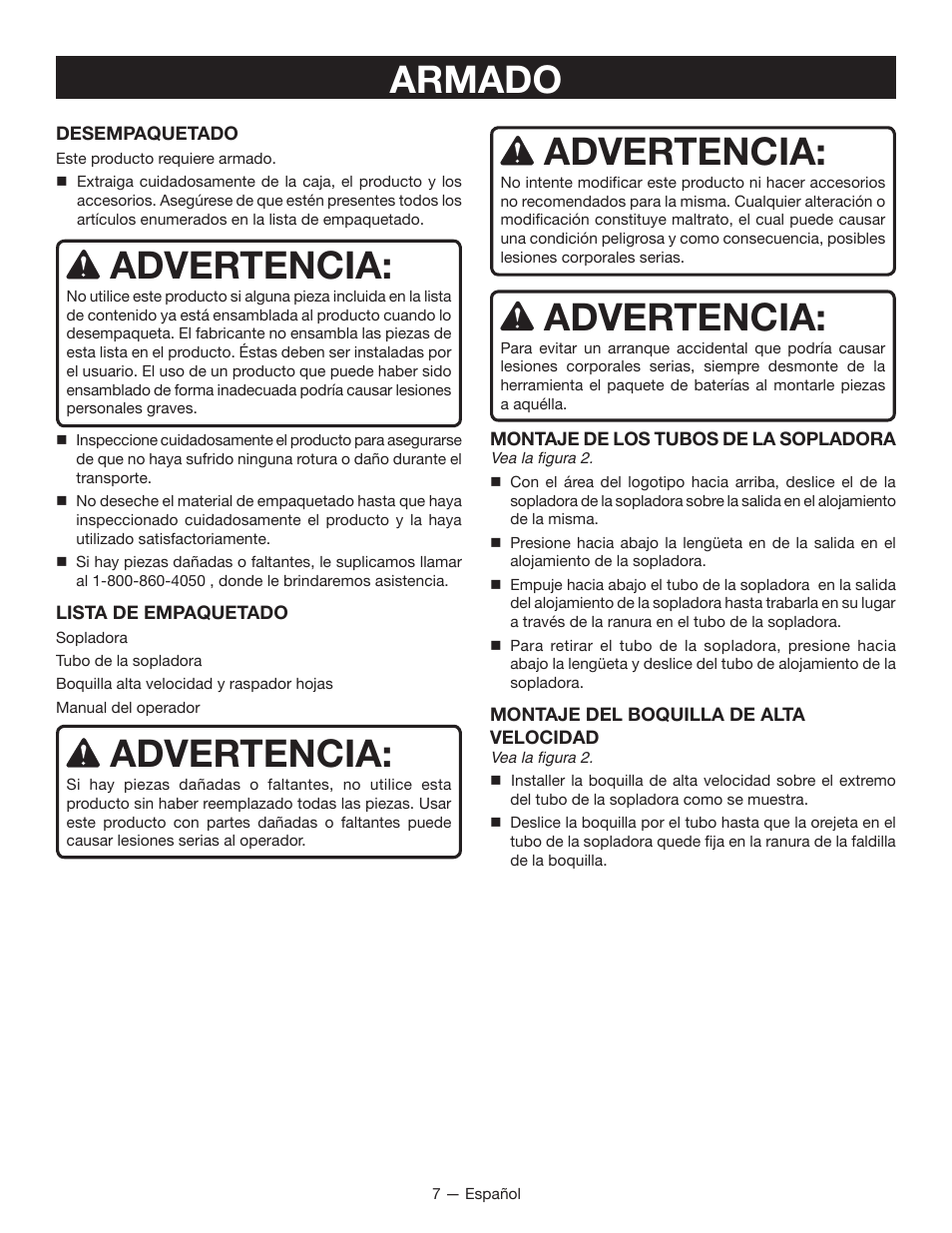 Armado, Advertencia | Ryobi RY40401 User Manual | Page 25 / 30