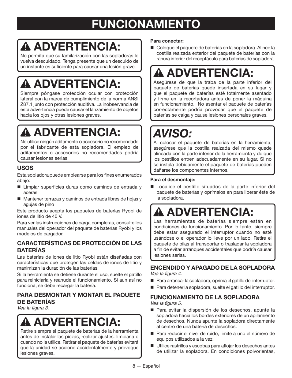 Advertencia, Funcionamiento, Aviso | Ryobi RY40401 User Manual | Page 26 / 30