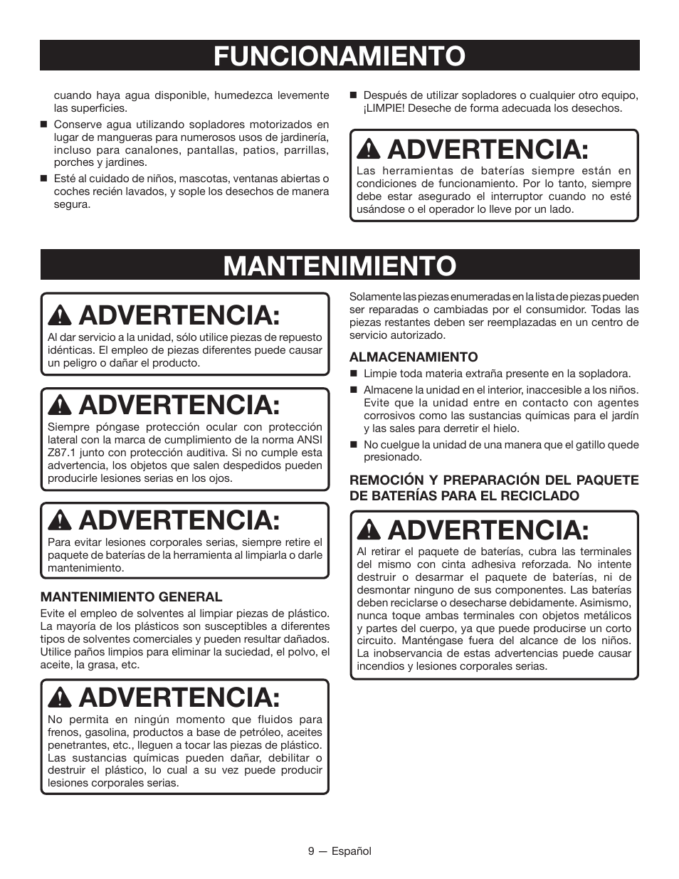 Funcionamiento mantenimiento advertencia, Advertencia | Ryobi RY40401 User Manual | Page 27 / 30