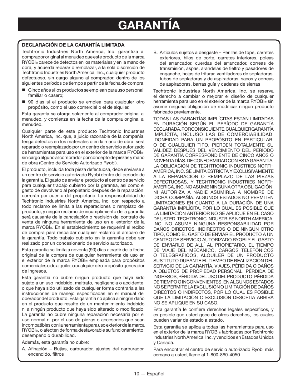 Garantía | Ryobi RY40401 User Manual | Page 28 / 30