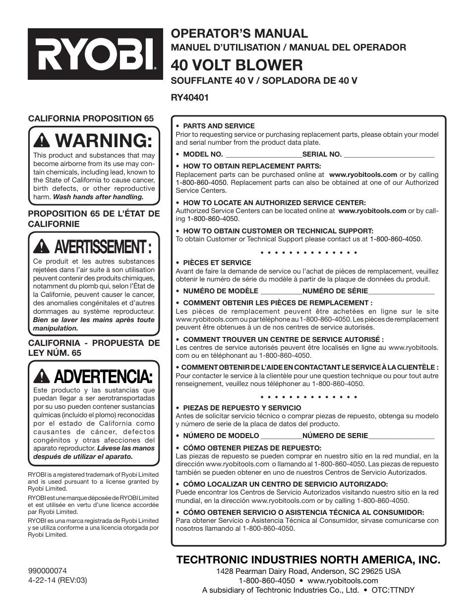 Warning, Avertissement, Advertencia | 40 volt blower, Operator’s manual, Techtronic industries north america, inc | Ryobi RY40401 User Manual | Page 30 / 30