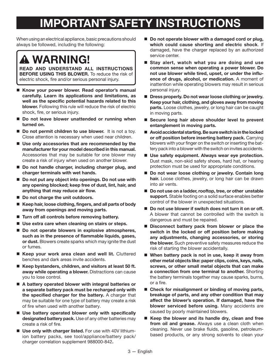 Important safety instructions, Warning | Ryobi RY40401 User Manual | Page 5 / 30