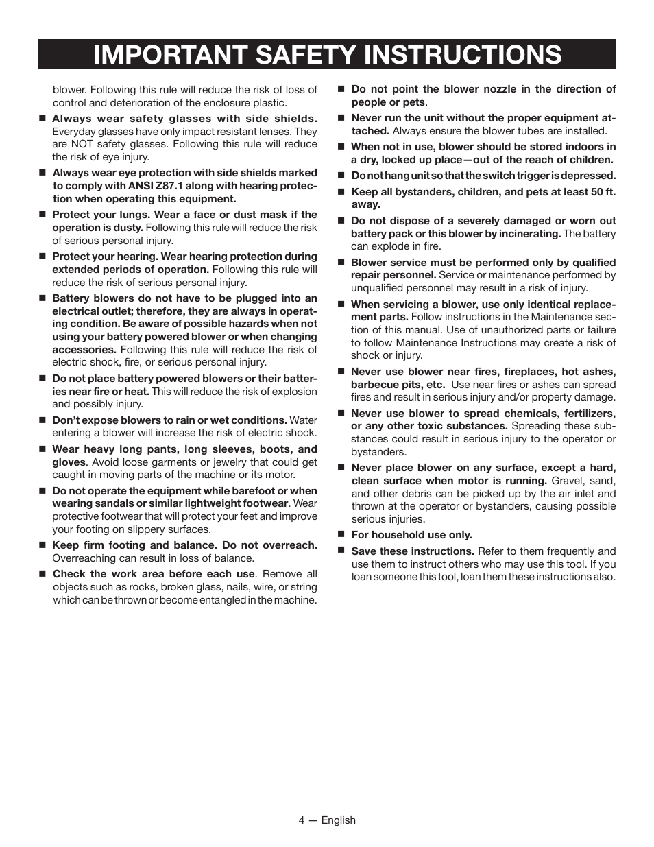 Important safety instructions | Ryobi RY40401 User Manual | Page 6 / 30