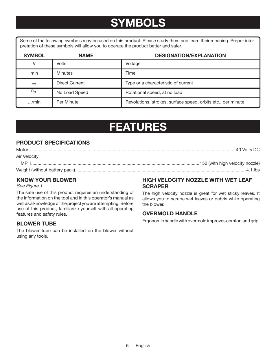 Features, Symbols | Ryobi RY40401 User Manual | Page 8 / 30