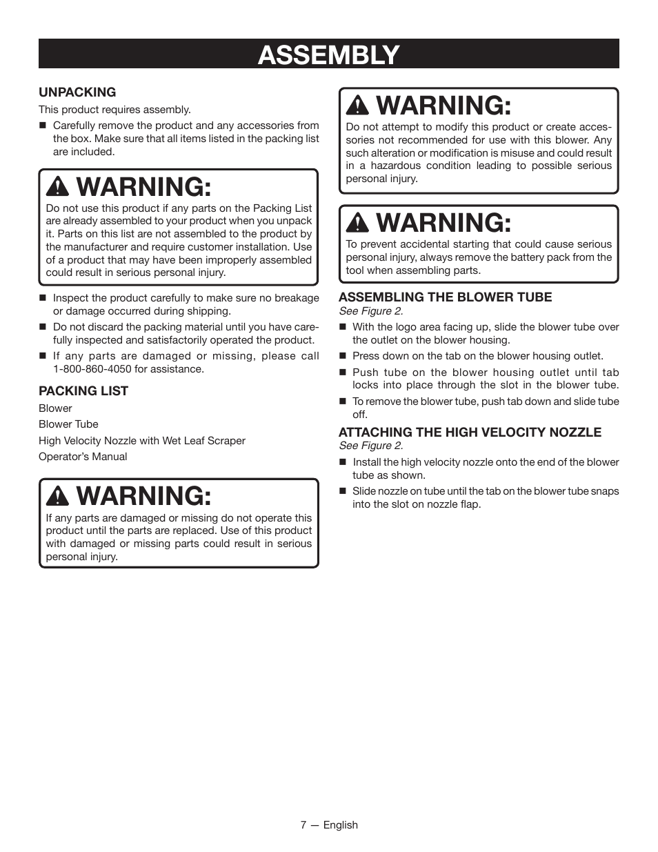 Assembly, Warning | Ryobi RY40401 User Manual | Page 9 / 30