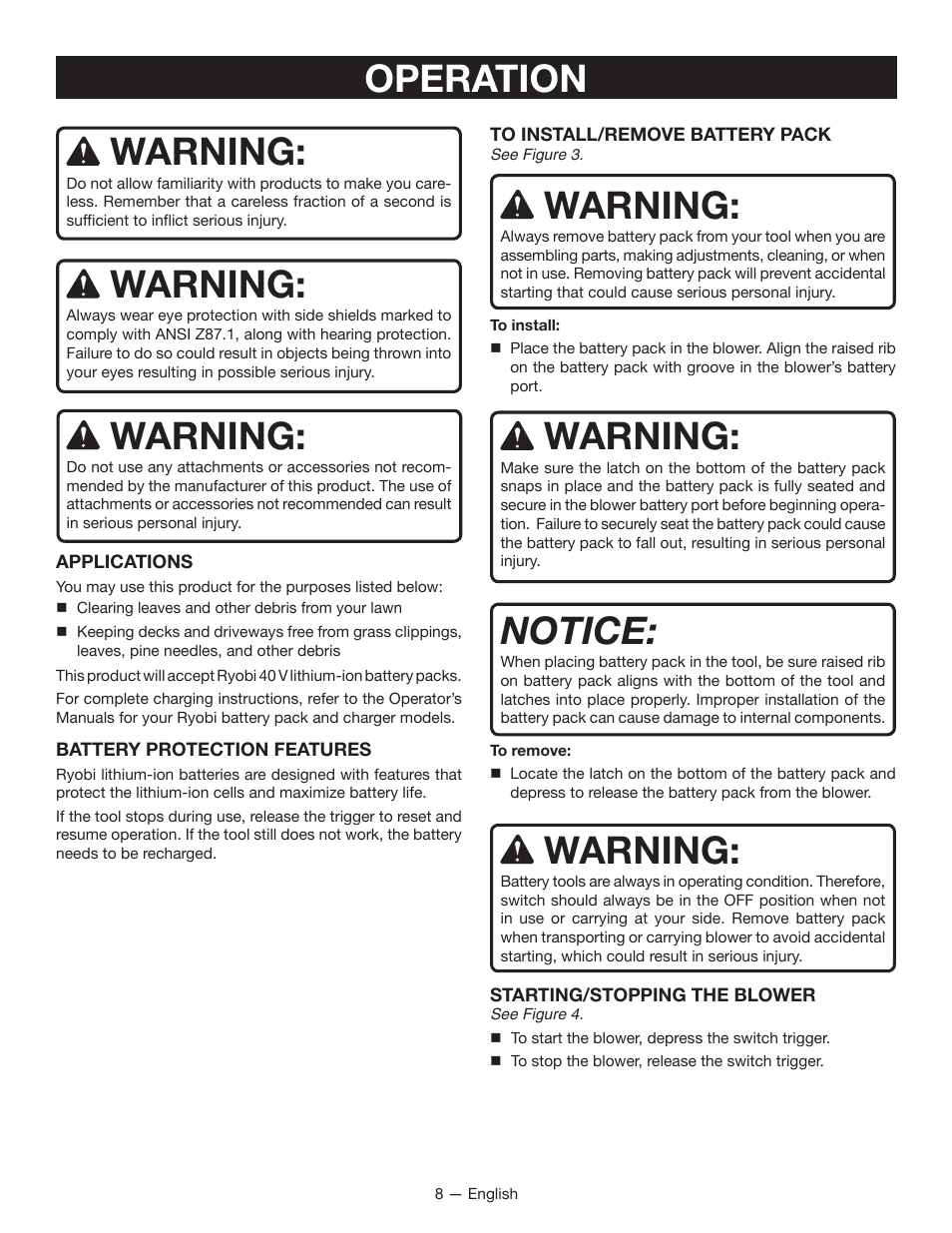 Warning, Operation, Notice | Ryobi RY40402 User Manual | Page 10 / 30