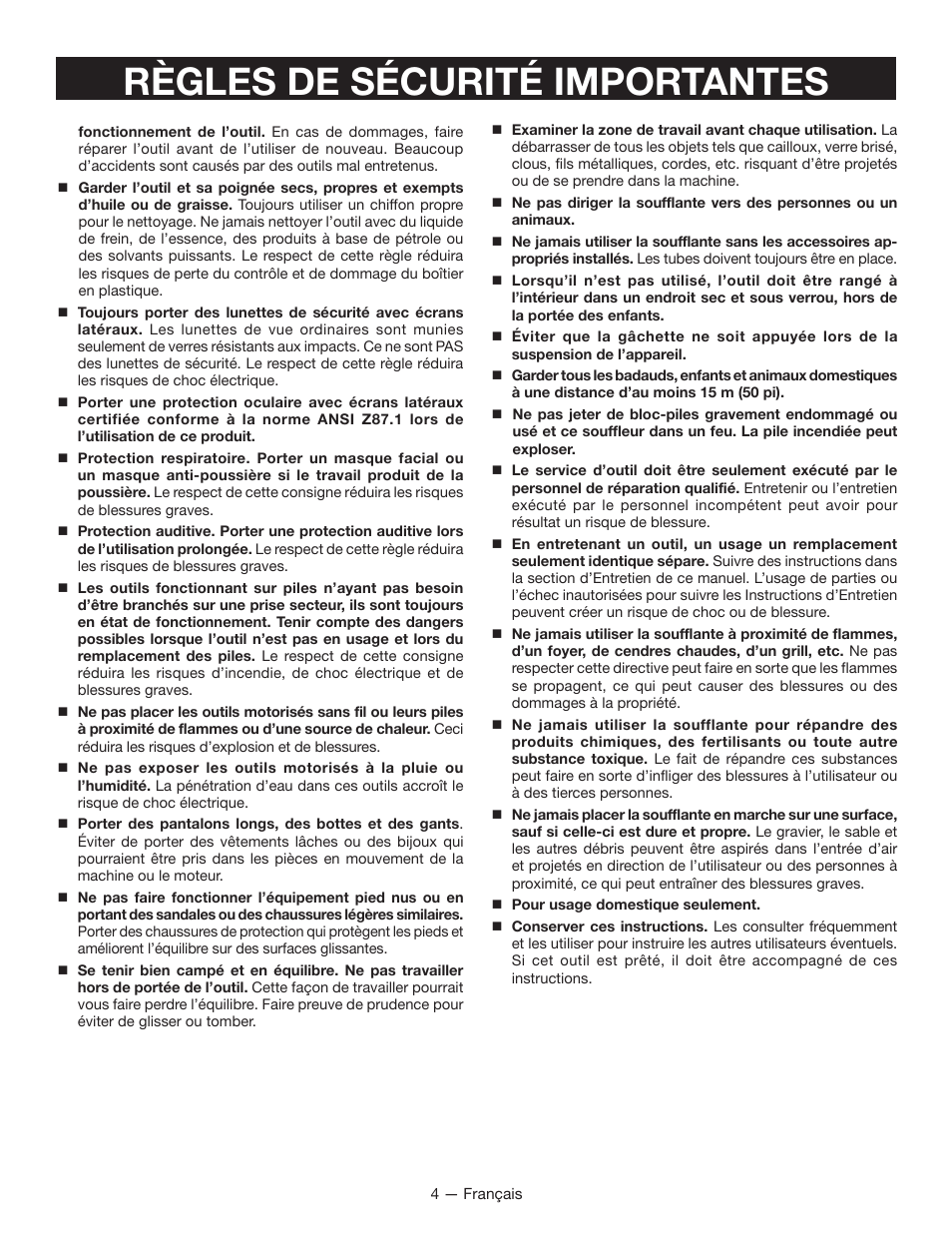 Règles de sécurité importantes | Ryobi RY40402 User Manual | Page 14 / 30