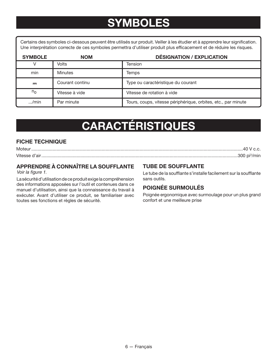 Caractéristiques, Symboles | Ryobi RY40402 User Manual | Page 16 / 30
