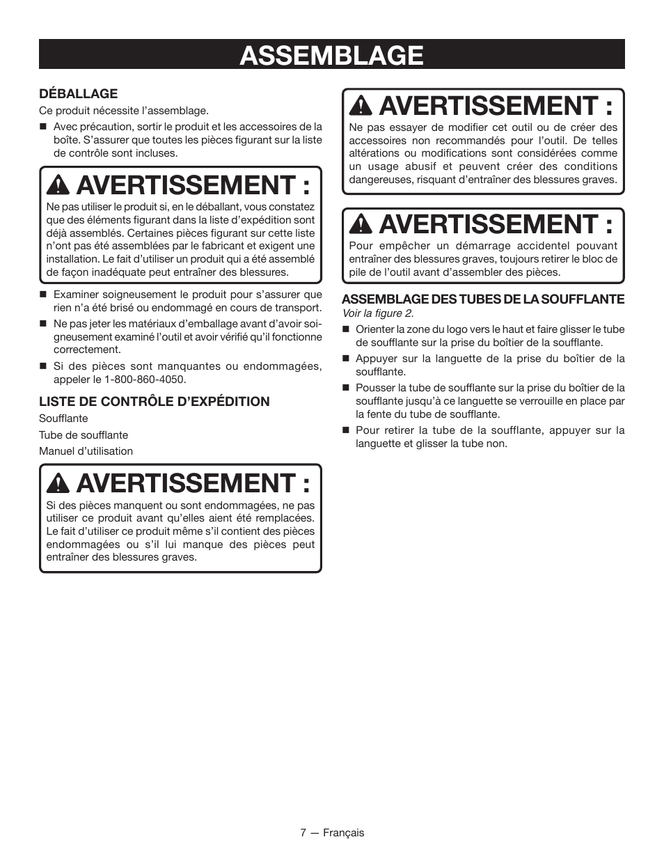 Assemblage, Avertissement | Ryobi RY40402 User Manual | Page 17 / 30