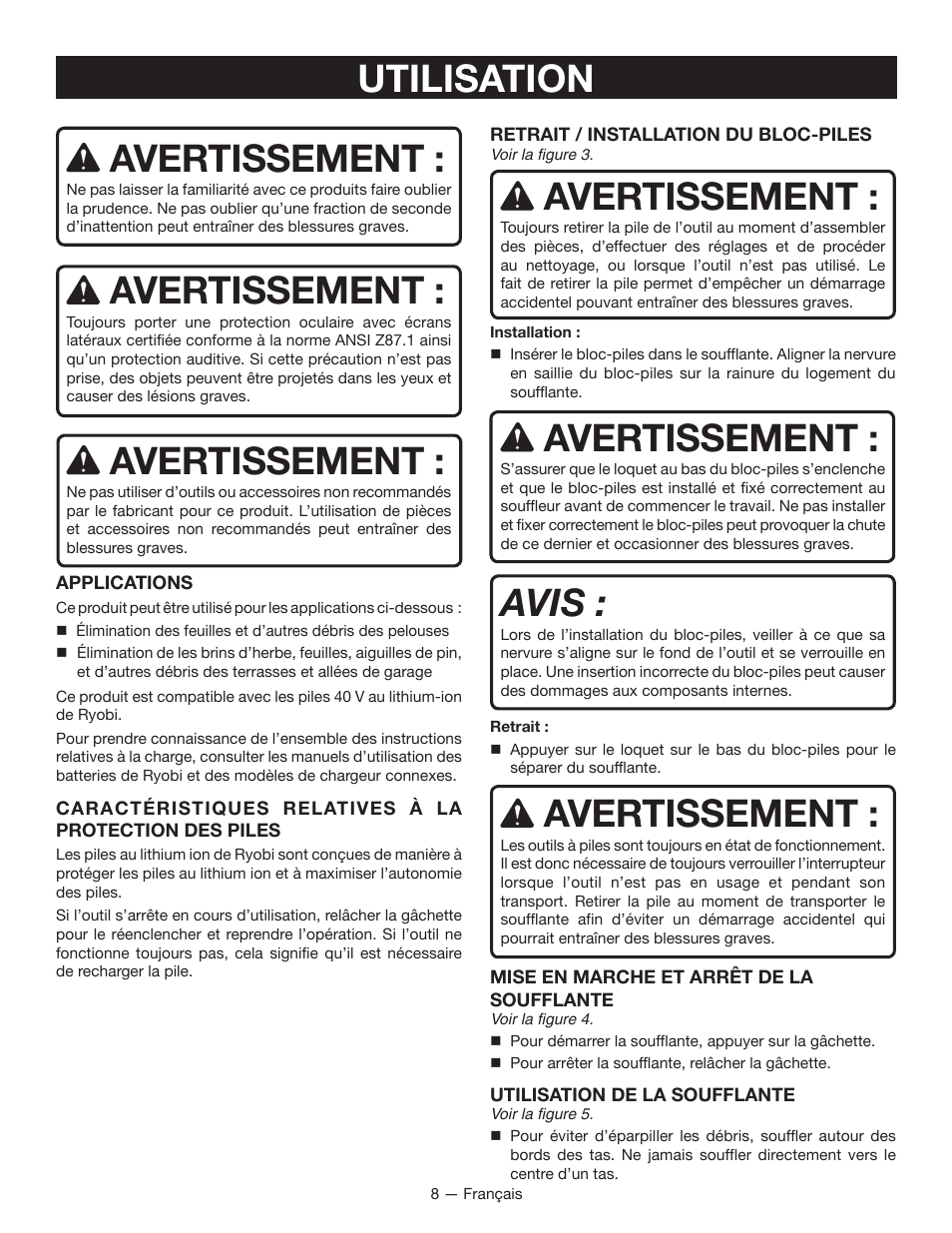 Avertissement, Utilisation, Avis | Ryobi RY40402 User Manual | Page 18 / 30