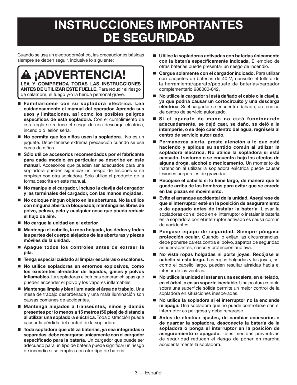 Instrucciones importantes de seguridad, Advertencia | Ryobi RY40402 User Manual | Page 21 / 30