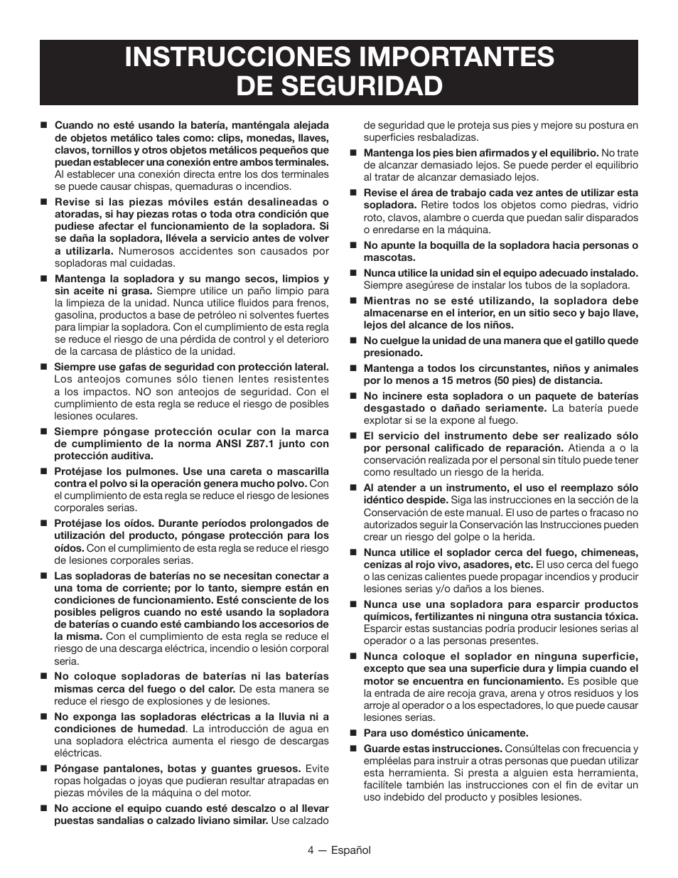 Instrucciones importantes de seguridad | Ryobi RY40402 User Manual | Page 22 / 30