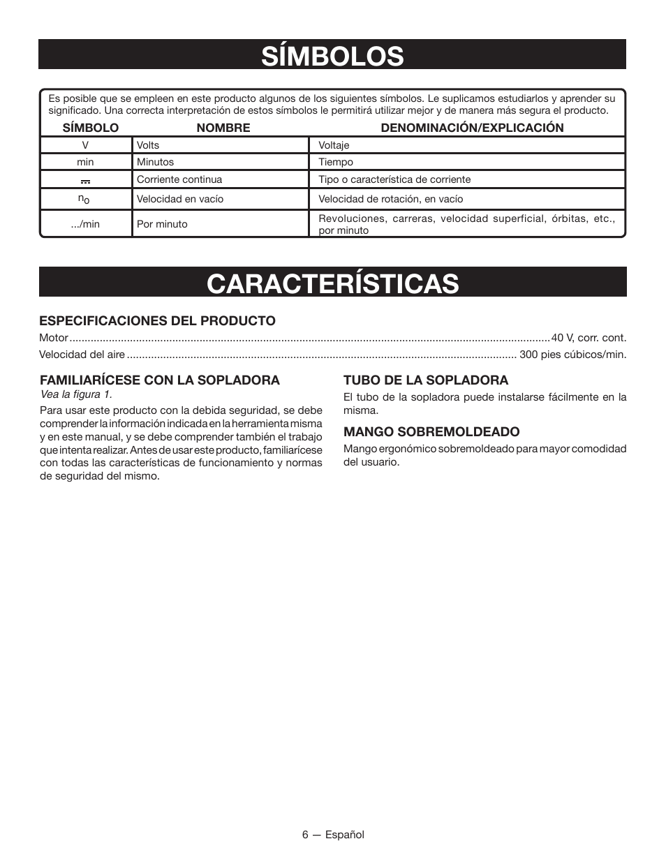 Características, Símbolos | Ryobi RY40402 User Manual | Page 24 / 30