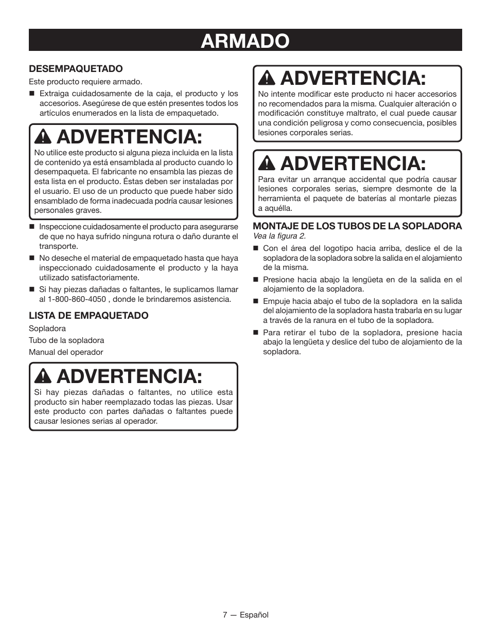 Armado, Advertencia | Ryobi RY40402 User Manual | Page 25 / 30