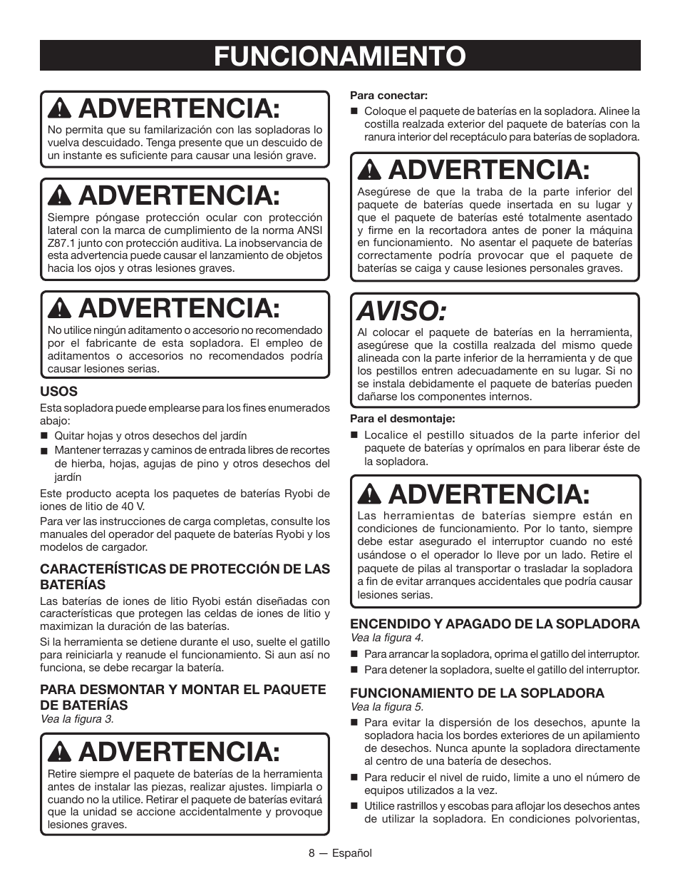 Advertencia, Funcionamiento, Aviso | Ryobi RY40402 User Manual | Page 26 / 30