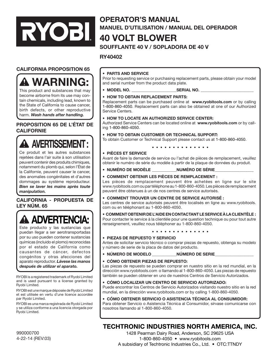 Warning, Avertissement, Advertencia | 40 volt blower, Operator’s manual, Techtronic industries north america, inc | Ryobi RY40402 User Manual | Page 30 / 30