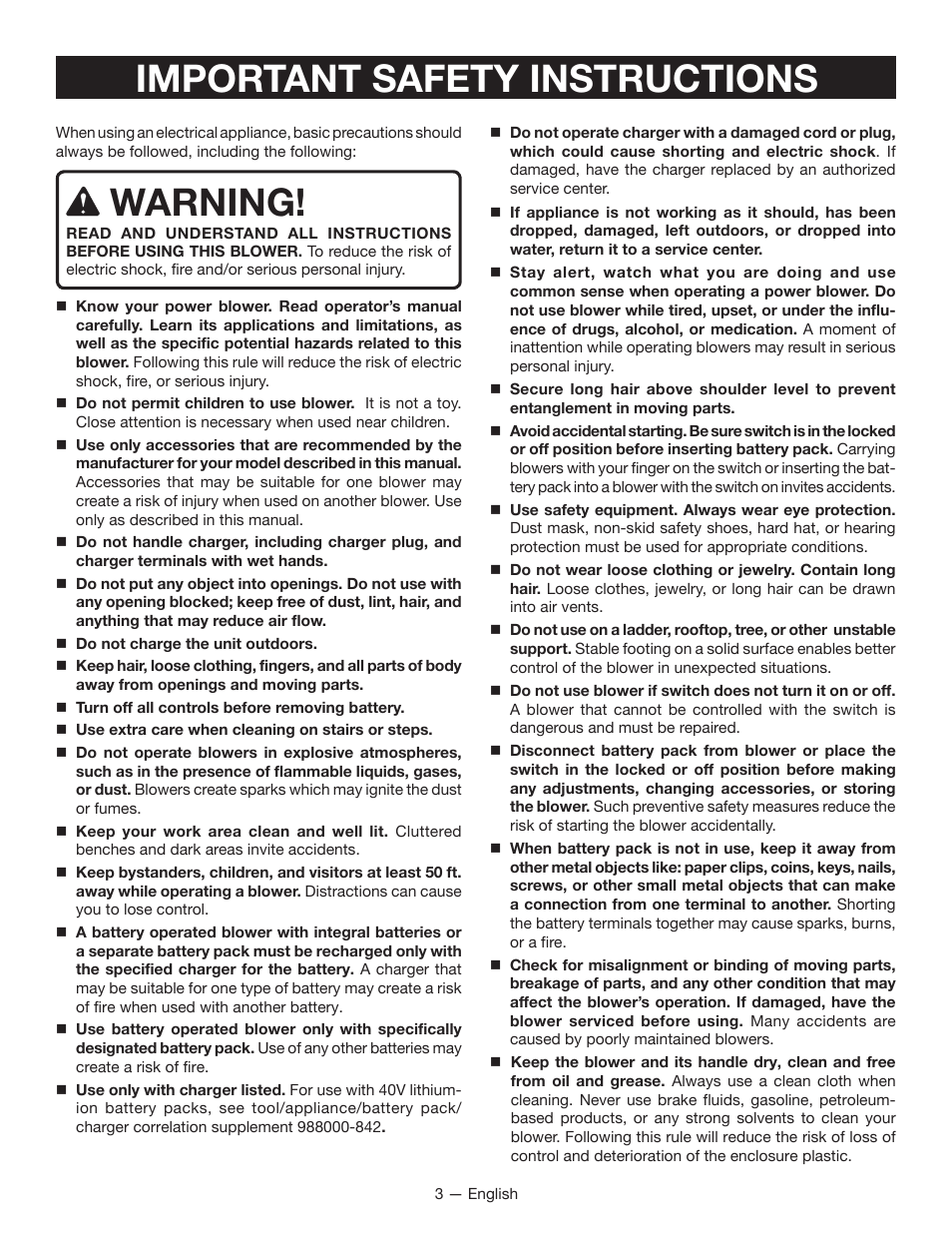 Important safety instructions, Warning | Ryobi RY40402 User Manual | Page 5 / 30