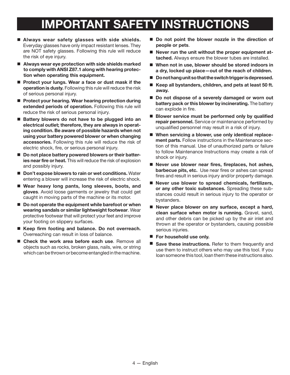 Important safety instructions | Ryobi RY40402 User Manual | Page 6 / 30