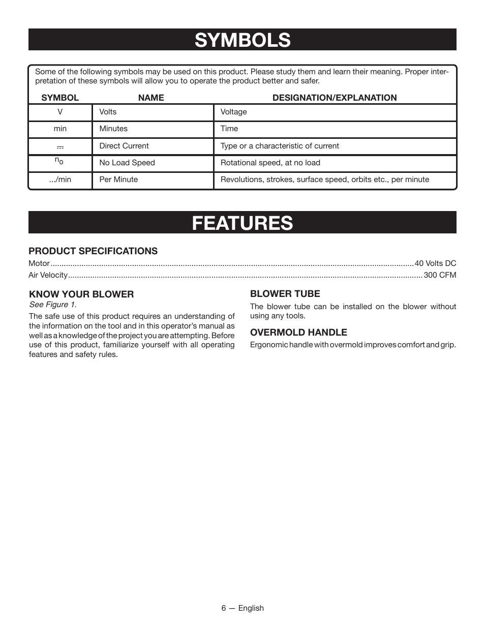 Features, Symbols | Ryobi RY40402 User Manual | Page 8 / 30