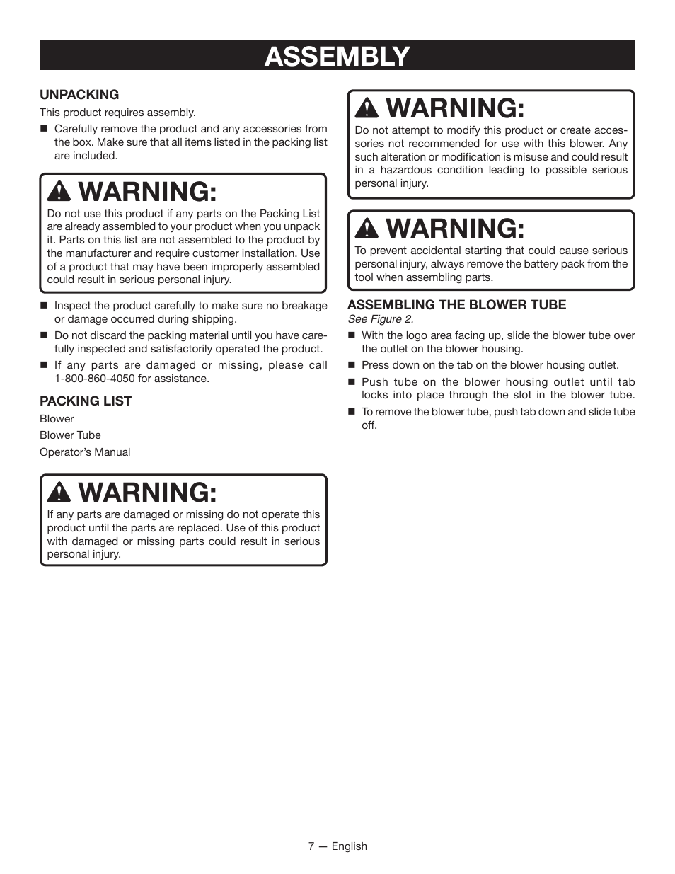 Assembly, Warning | Ryobi RY40402 User Manual | Page 9 / 30