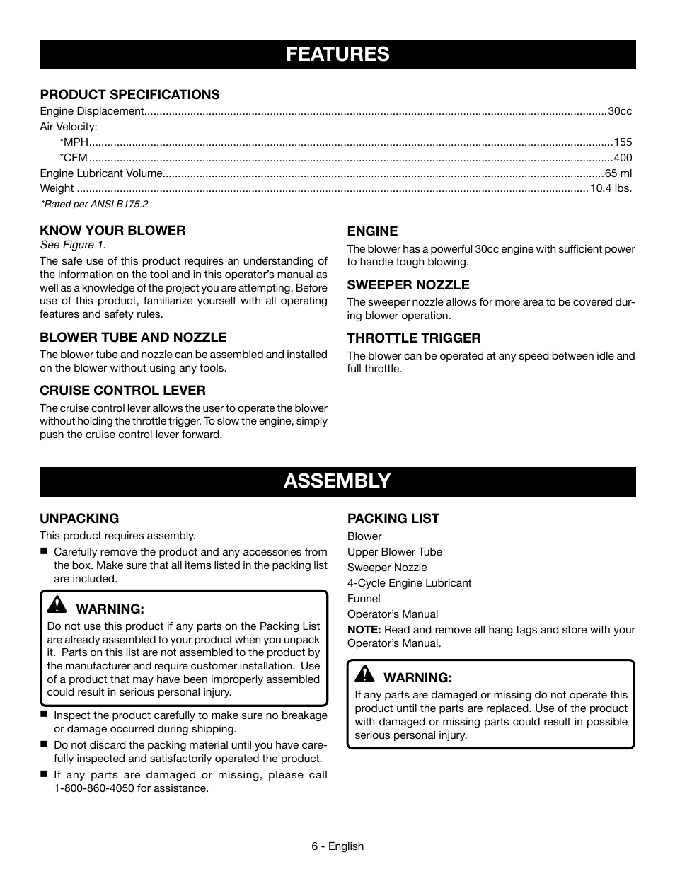 Features, Assembly | Ryobi RY09466А User Manual | Page 10 / 44