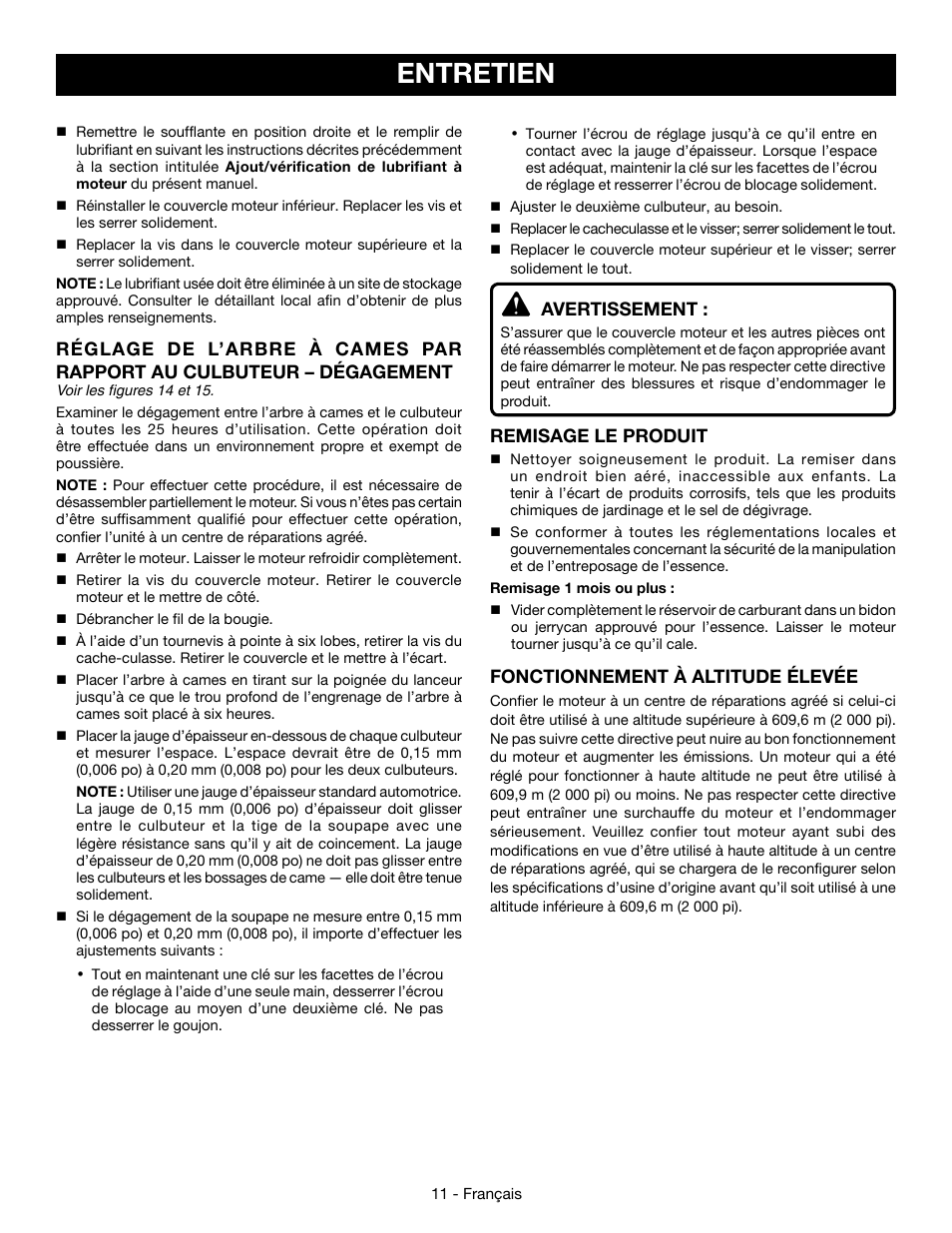 Entretien, Avertissement, Remisage le produit | Fonctionnement à altitude élevée | Ryobi RY09466А User Manual | Page 27 / 44