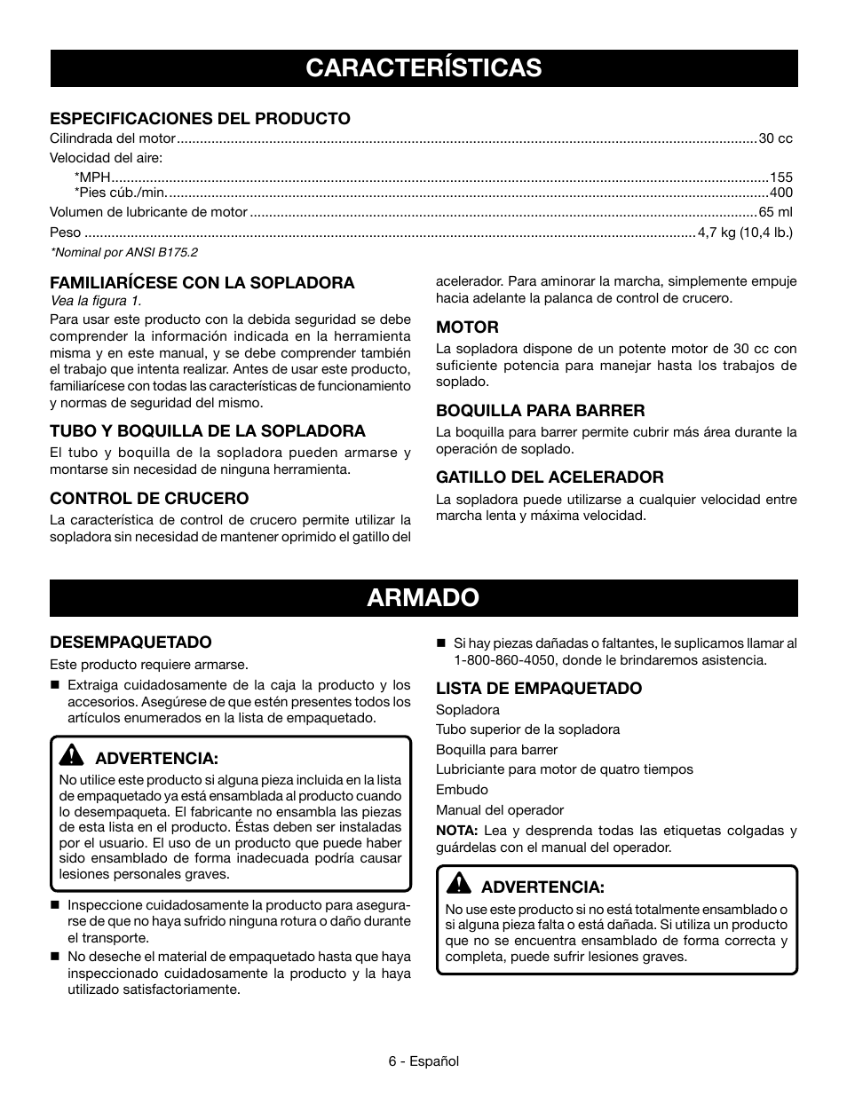 Características, Armado | Ryobi RY09466А User Manual | Page 34 / 44