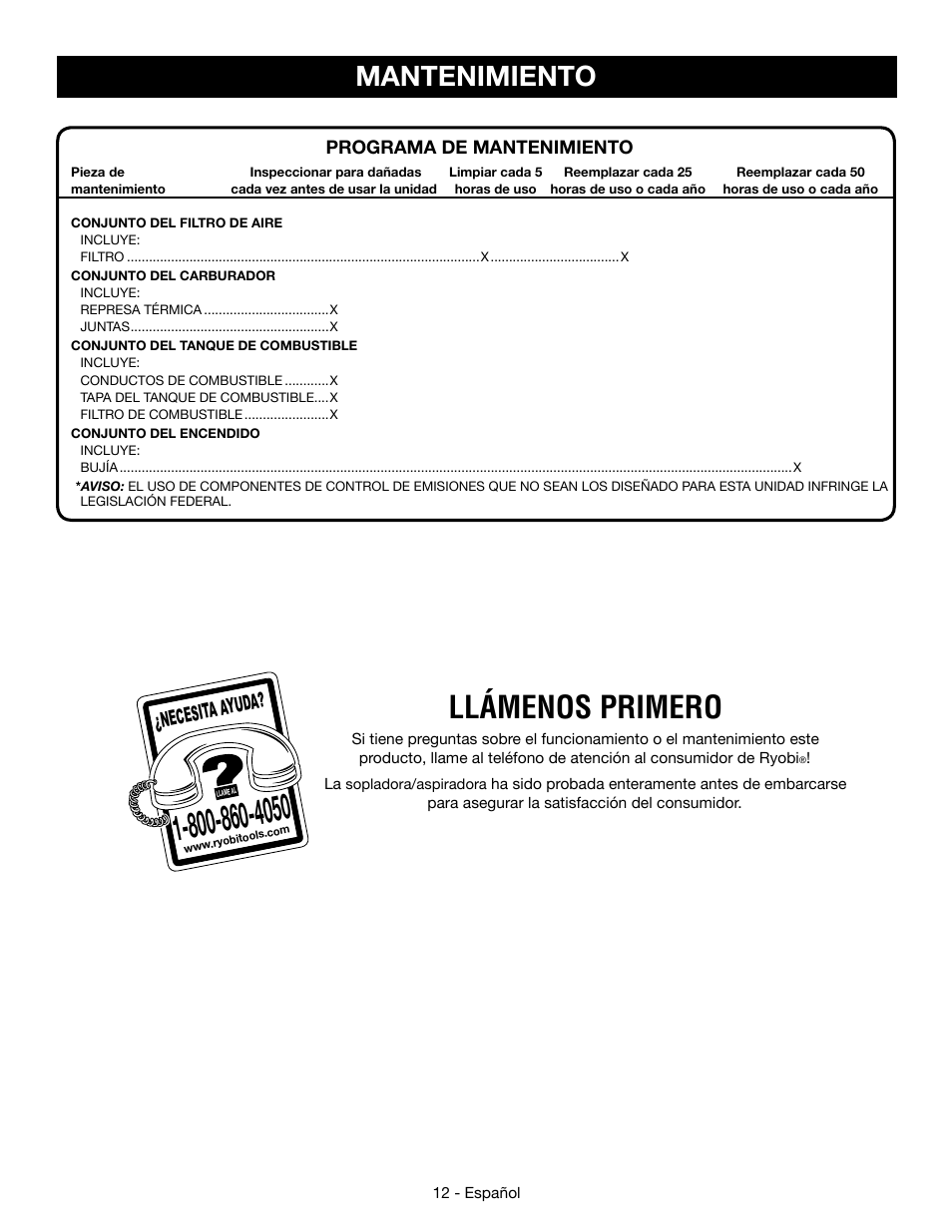 Llámenos primero, Mantenimiento, Necesita a yuda | Ryobi RY09466А User Manual | Page 40 / 44