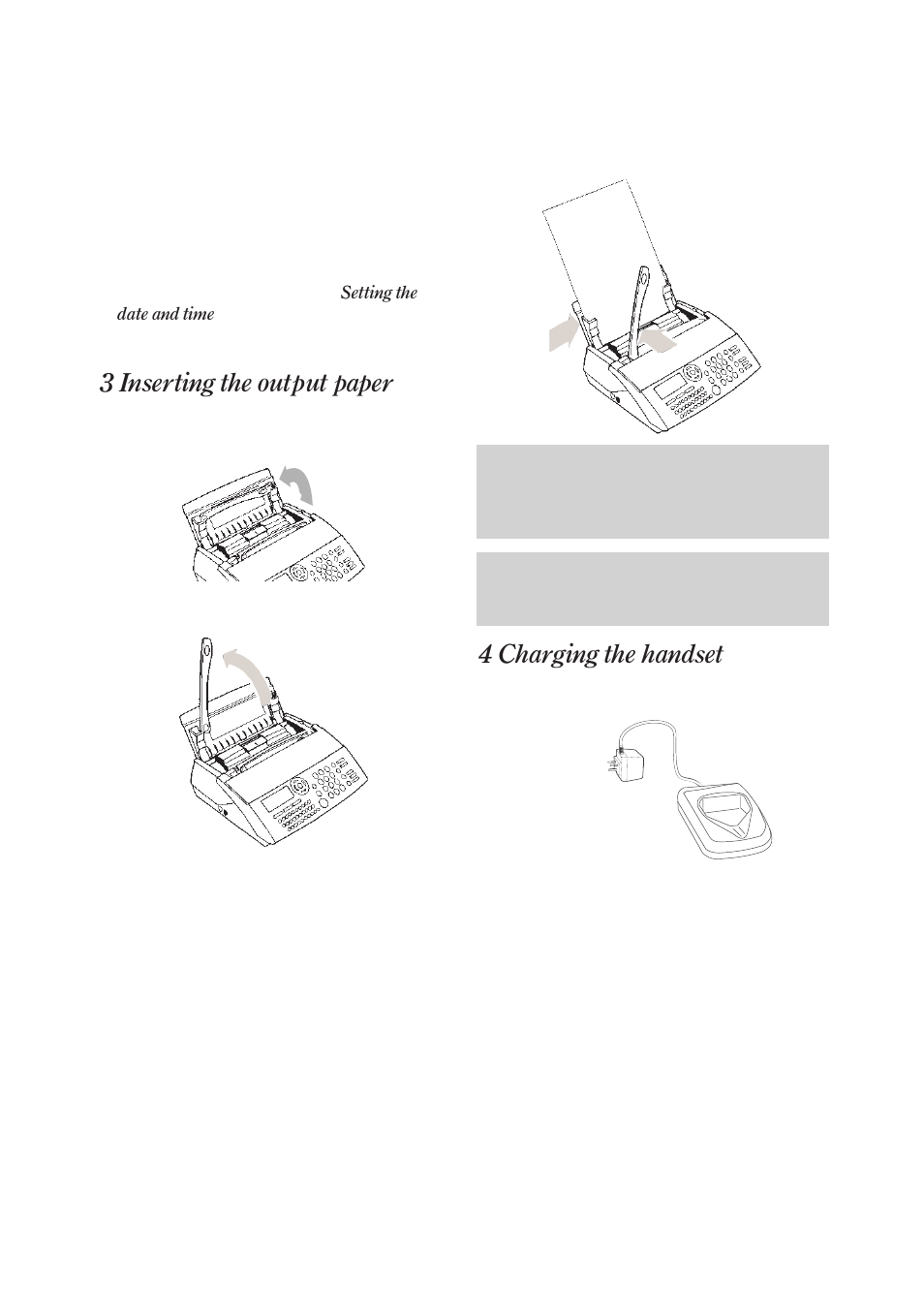 3 inserting the output paper, 4 charging the handset | BT On-Air DECTf@x Plus F@x machine and digital telephone system User Manual | Page 10 / 77
