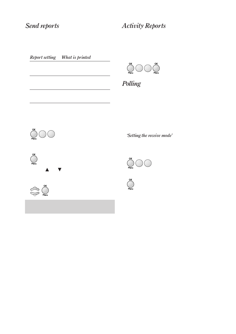 Activity reports, Polling, Send reports | BT On-Air DECTf@x Plus F@x machine and digital telephone system User Manual | Page 25 / 77