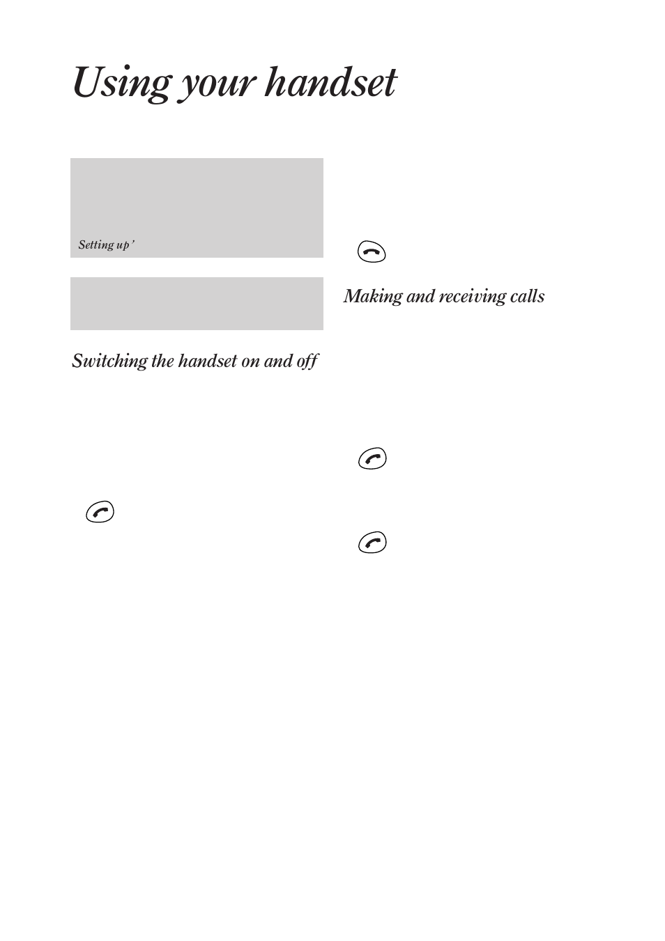 Using your handset, Switching the handset on and off, Making and receiving calls | BT On-Air DECTf@x Plus F@x machine and digital telephone system User Manual | Page 29 / 77