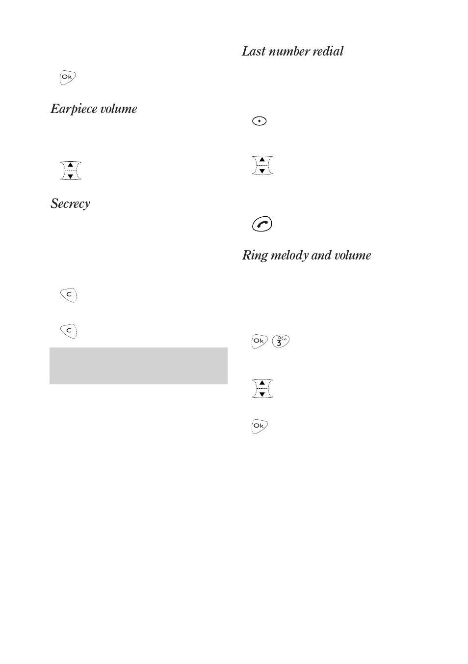 Earpiece volume, Secrecy, Last number redial | Ring melody and volume | BT On-Air DECTf@x Plus F@x machine and digital telephone system User Manual | Page 31 / 77