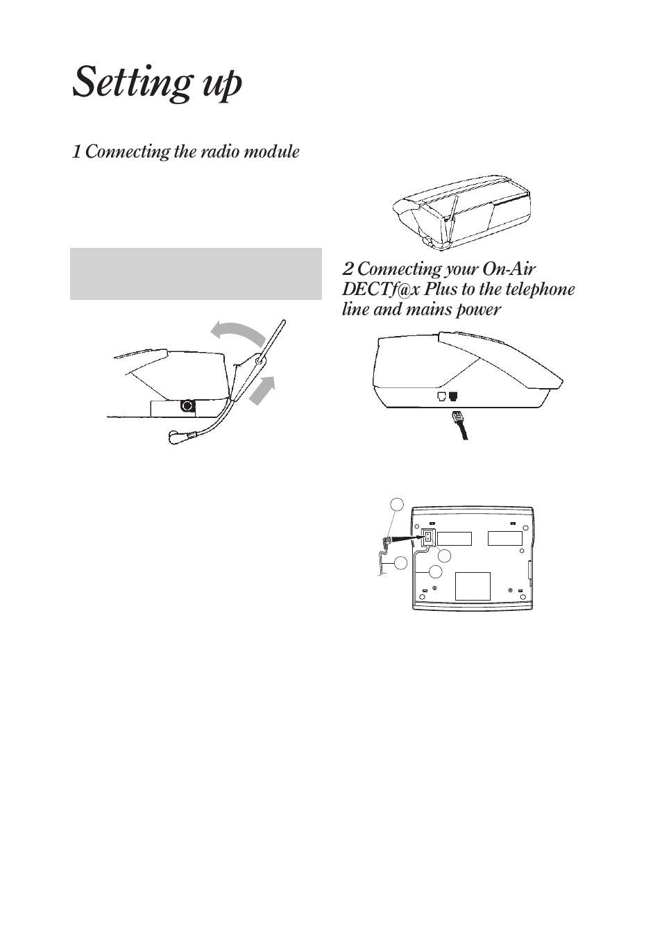 Setting up, 1 connecting the radio module | BT On-Air DECTf@x Plus F@x machine and digital telephone system User Manual | Page 9 / 77