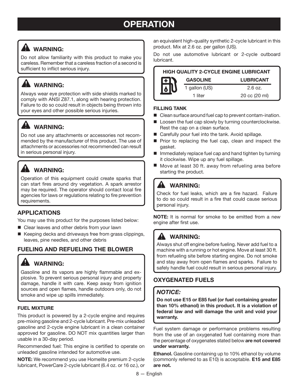 Operation | Ryobi RY08420А User Manual | Page 10 / 38