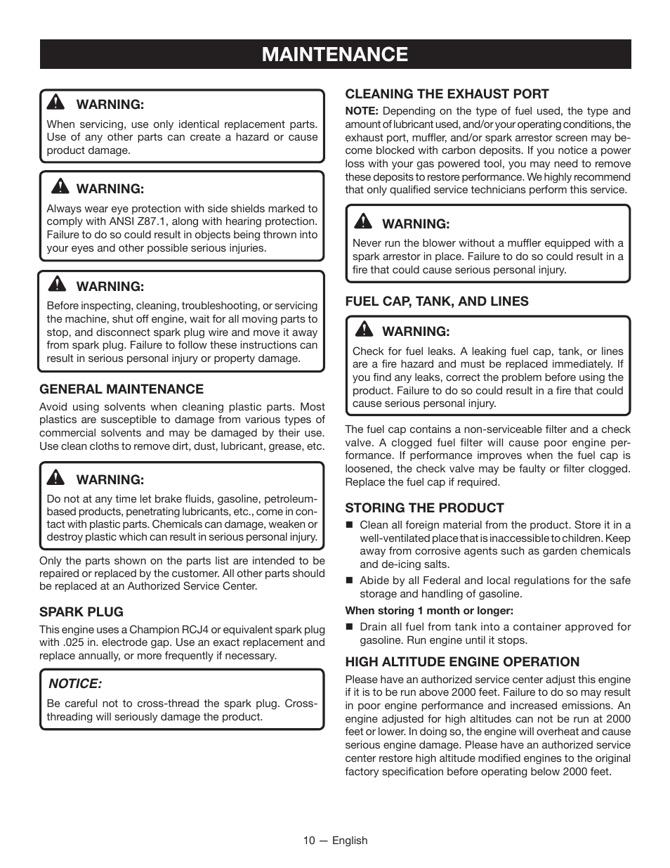 Maintenance | Ryobi RY08420А User Manual | Page 12 / 38