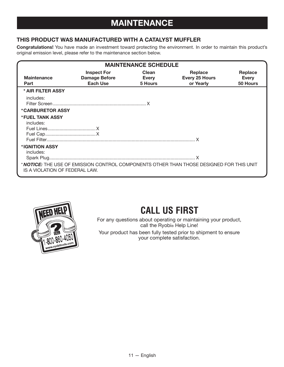 Call us first, Maintenance | Ryobi RY08420А User Manual | Page 13 / 38