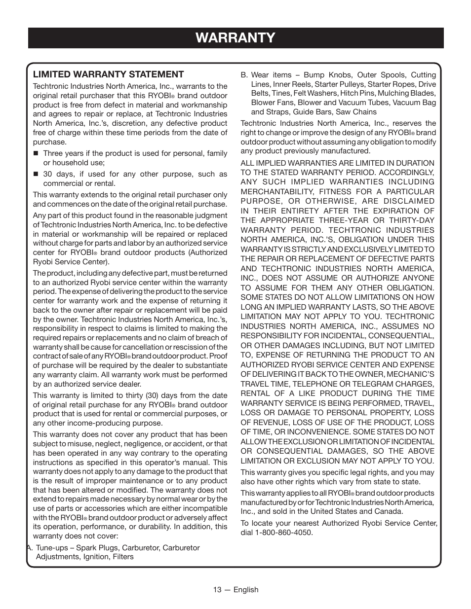 Warranty, Limited warranty statement | Ryobi RY08420А User Manual | Page 15 / 38