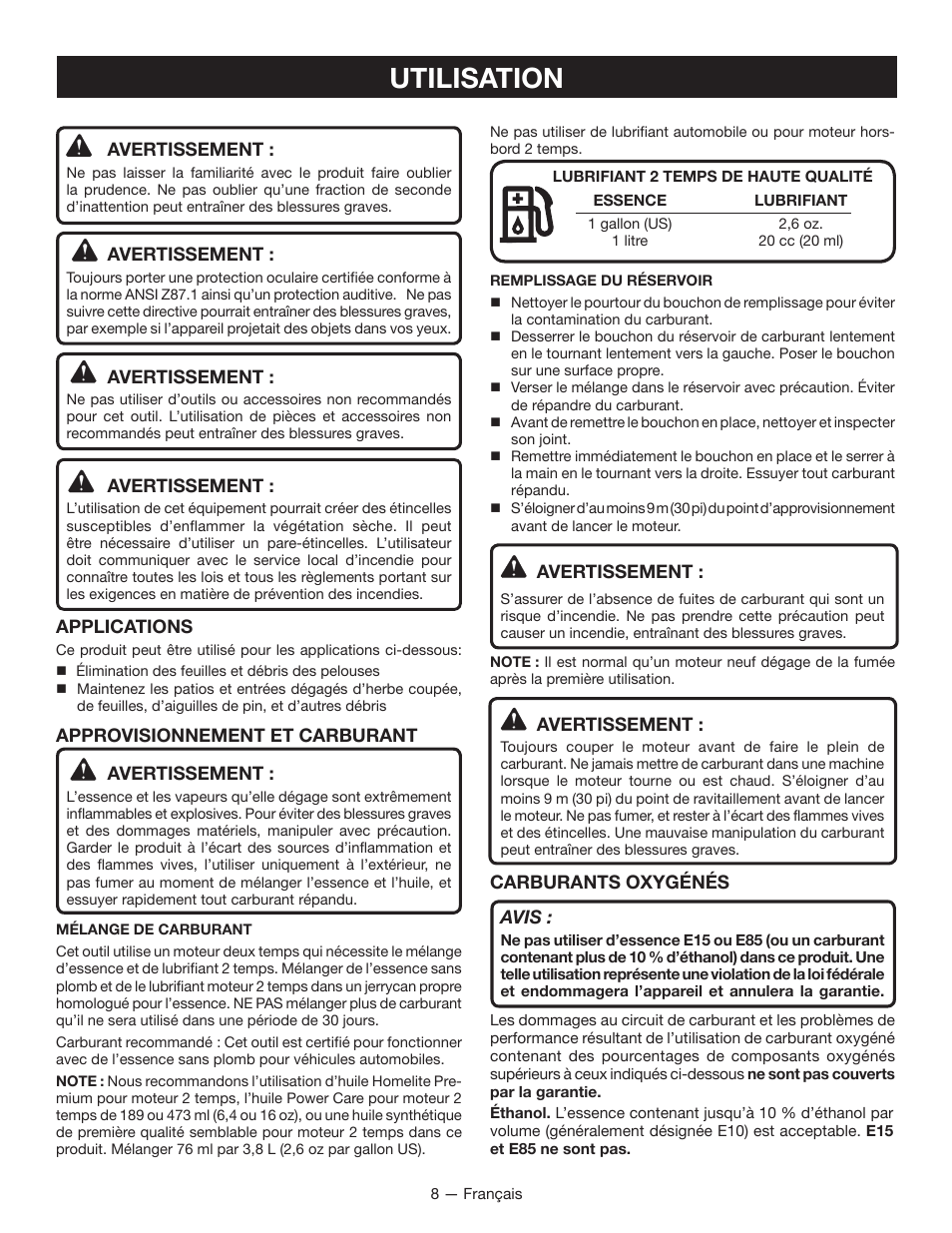 Utilisation | Ryobi RY08420А User Manual | Page 21 / 38