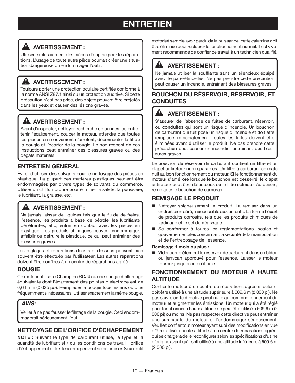 Entretien | Ryobi RY08420А User Manual | Page 23 / 38