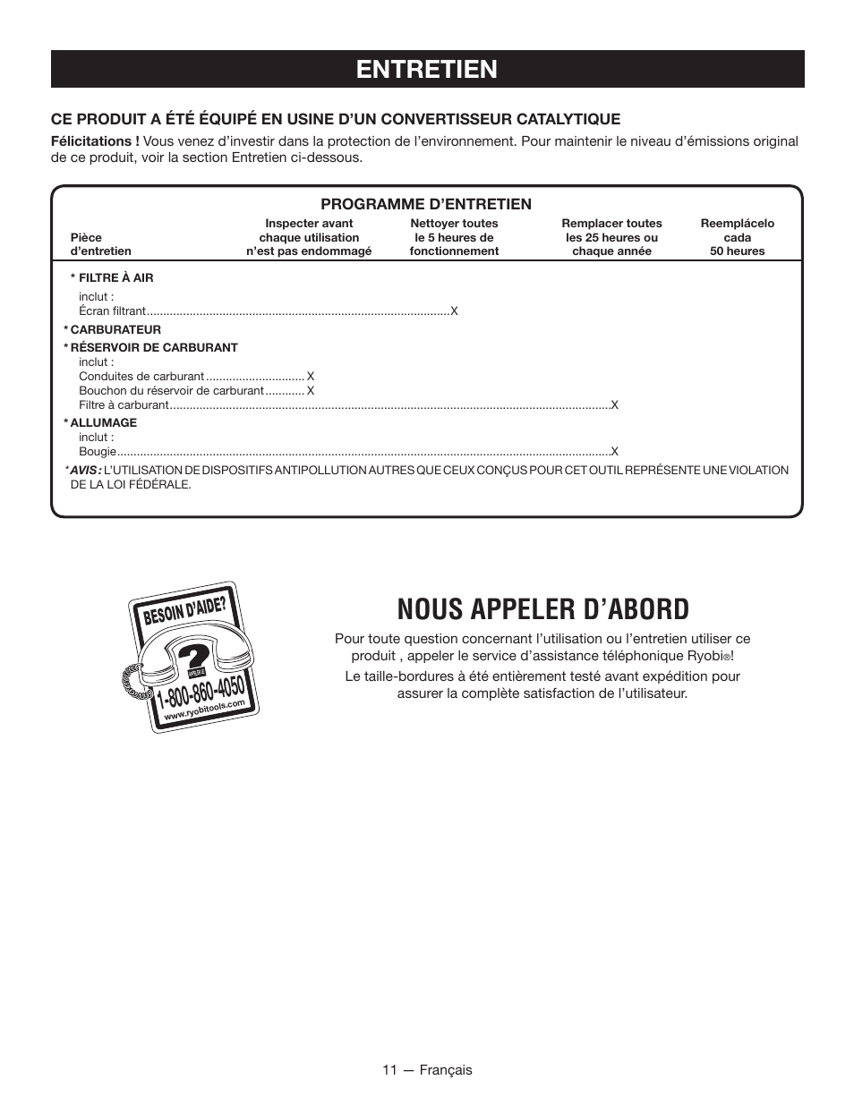 Nous appeler d’abord, Entretien, Besoin d’aid e | Ryobi RY08420А User Manual | Page 24 / 38