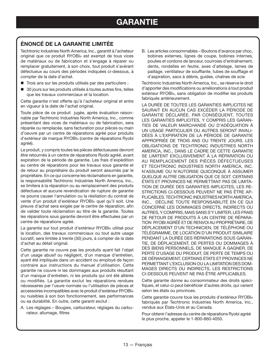 Garantie, Énoncé de la garantie limitée | Ryobi RY08420А User Manual | Page 26 / 38