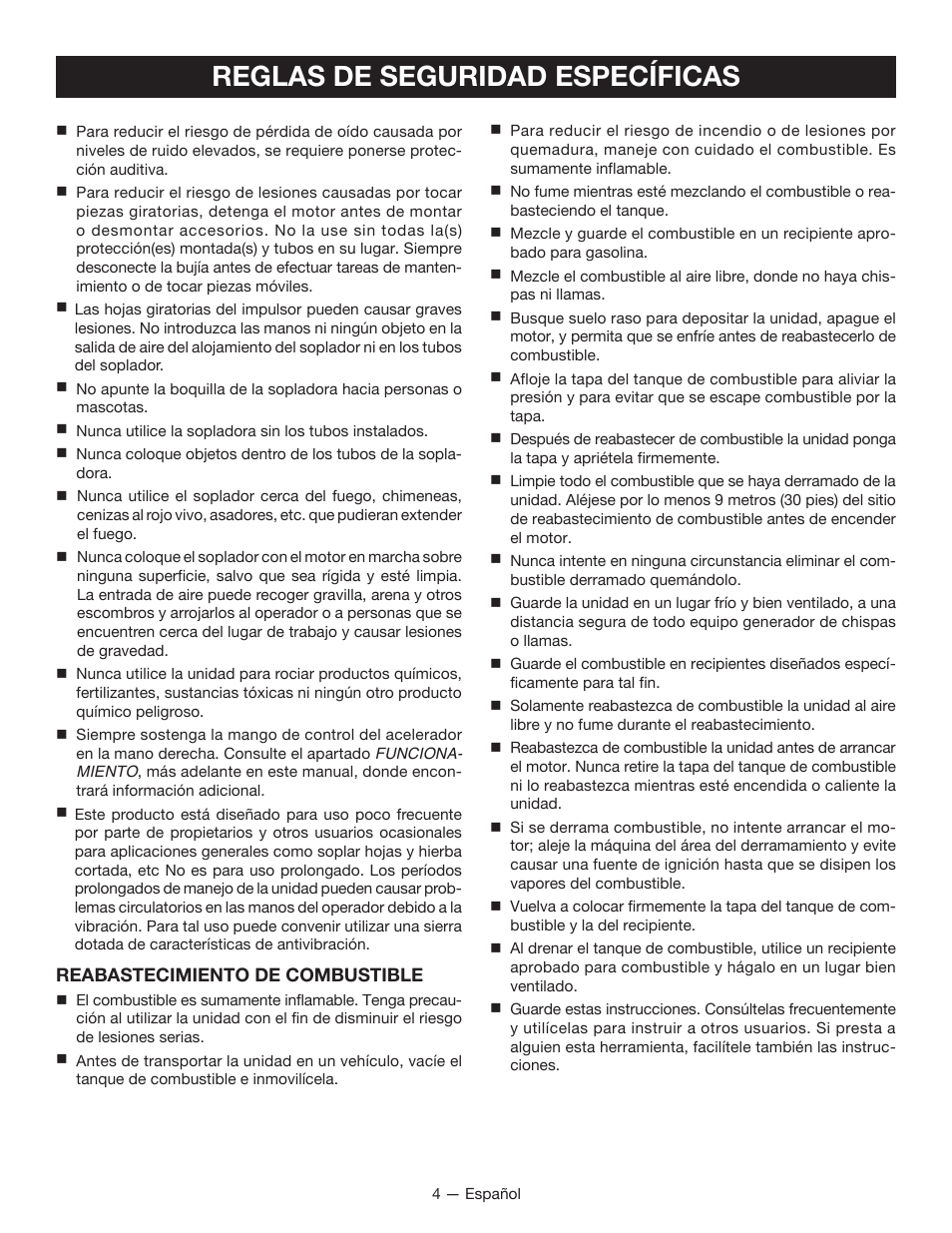 Reglas de seguridad específicas | Ryobi RY08420А User Manual | Page 28 / 38
