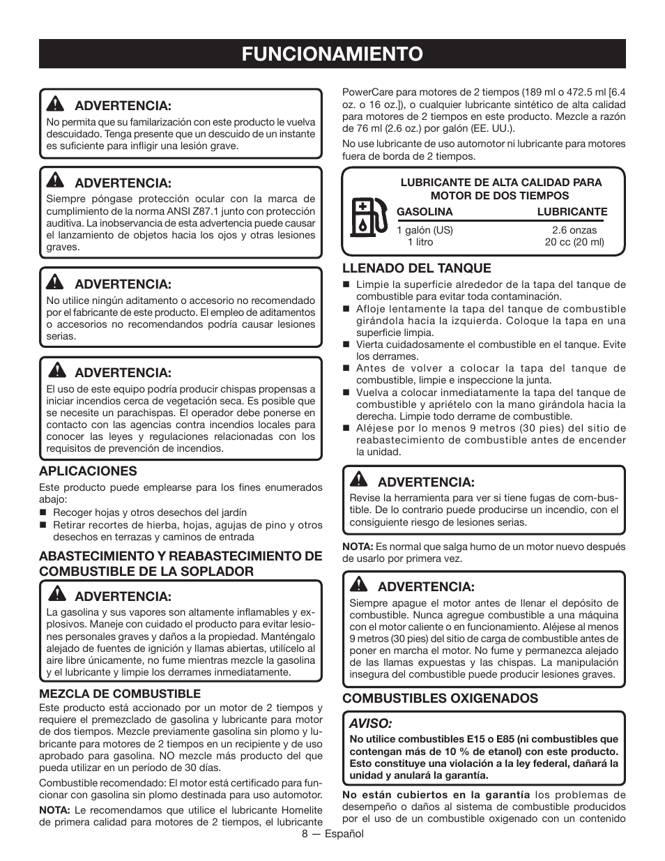 Funcionamiento | Ryobi RY08420А User Manual | Page 32 / 38