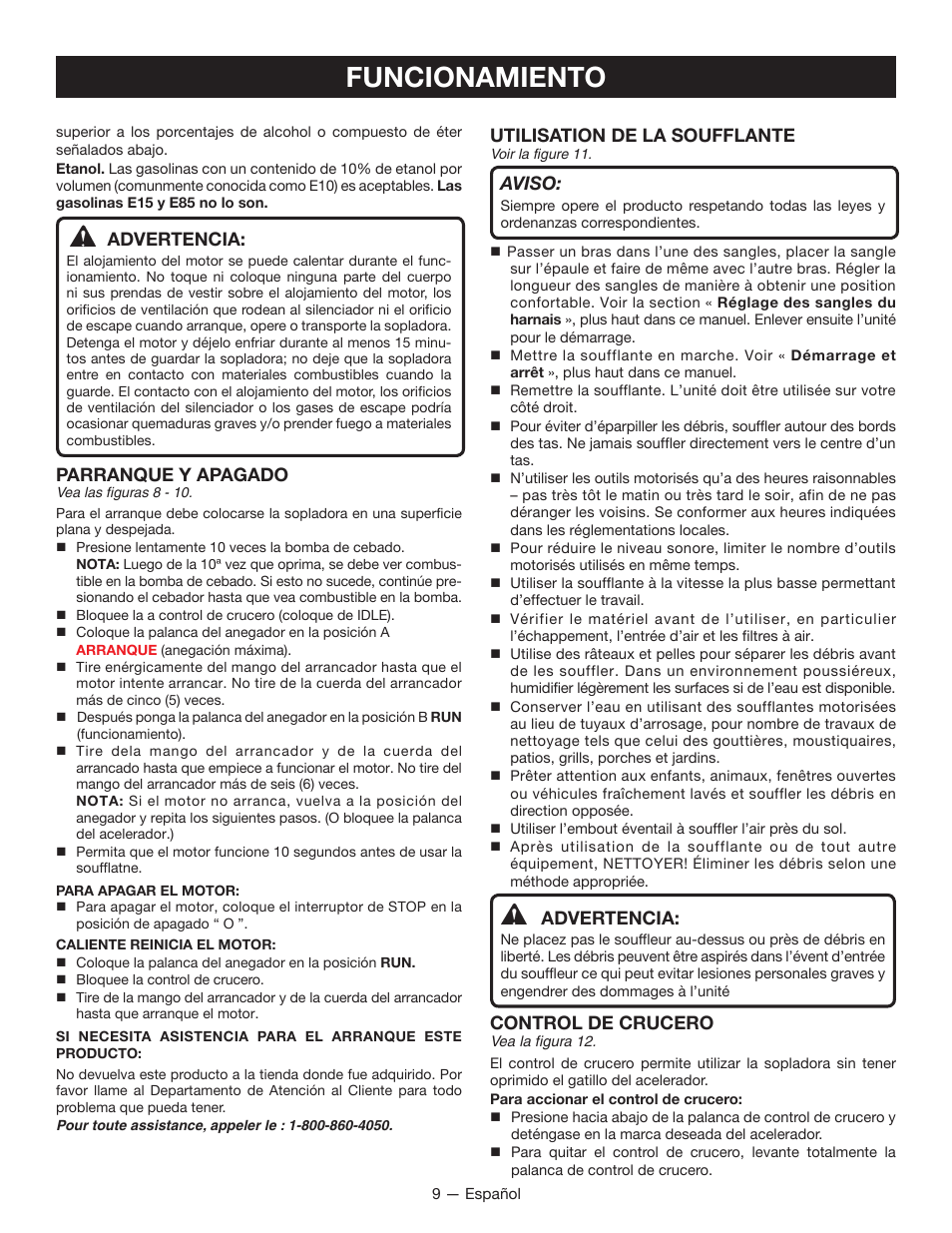 Funcionamiento, Advertencia, Parranque y apagado | Utilisation de la soufflante, Aviso, Control de crucero | Ryobi RY08420А User Manual | Page 33 / 38