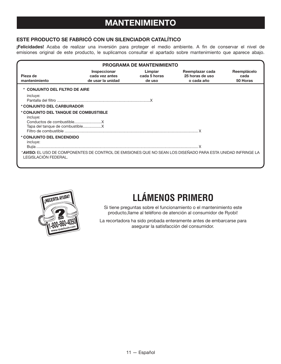 Llámenos primero, Mantenimiento | Ryobi RY08420А User Manual | Page 35 / 38