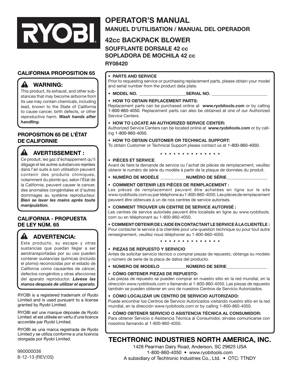Operator’s manual, Techtronic industries north america, inc, 42cc backpack blower | Ryobi RY08420А User Manual | Page 38 / 38