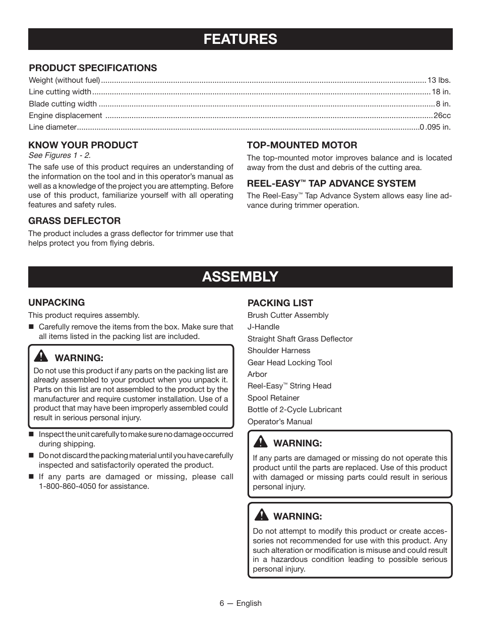 Assembly features | Ryobi RY28160 User Manual | Page 10 / 52