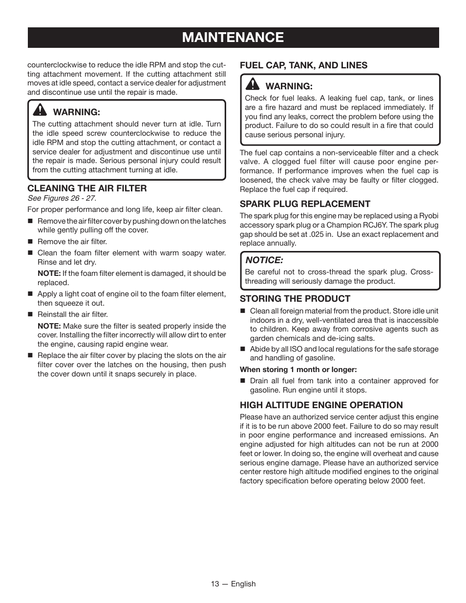 Maintenance | Ryobi RY28160 User Manual | Page 17 / 52