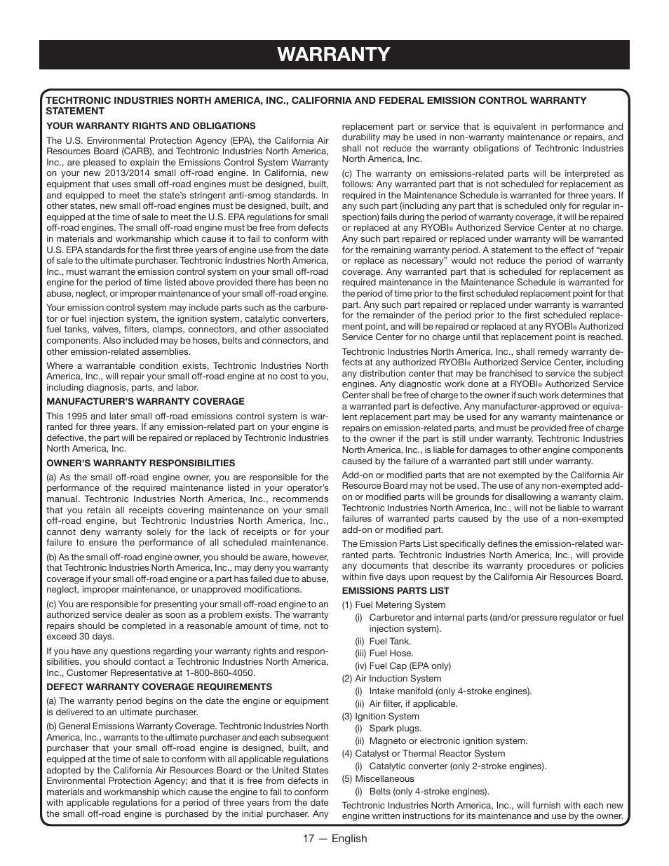 Warranty | Ryobi RY28160 User Manual | Page 21 / 52