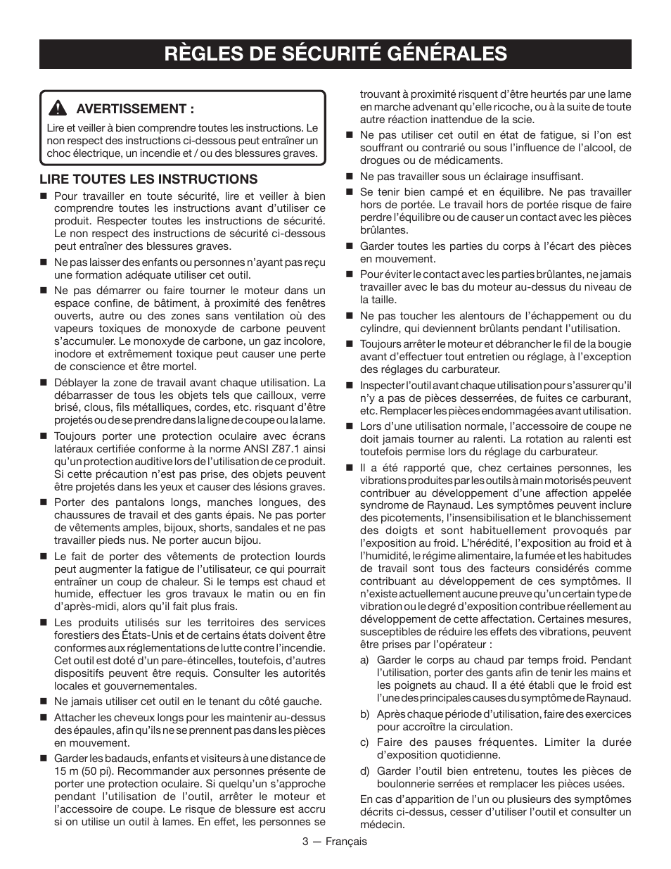 Règles de sécurité générales | Ryobi RY28160 User Manual | Page 22 / 52